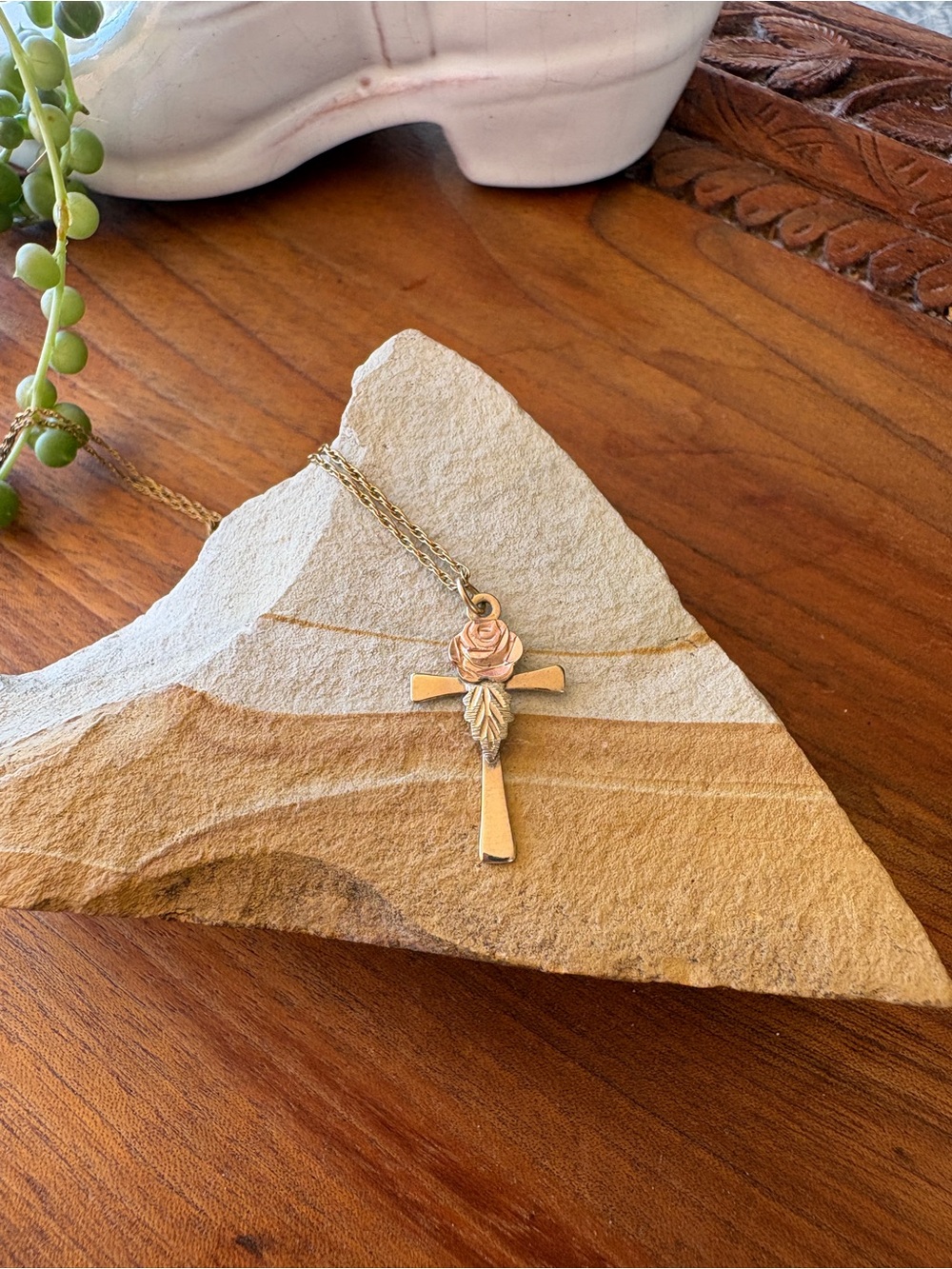Black Hills Gold Cross Pendant Necklace with Rose Accent 10K